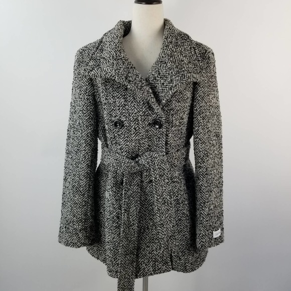 Calvin Klein Black Gray Double Breasted Belted Wool Blend Coat Sweater Jacket 12 - Picture 1 of 6